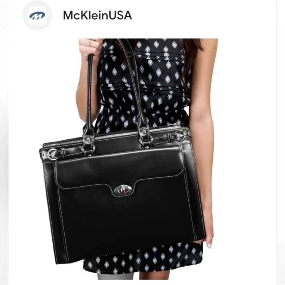 McKlein Premium Leather Briefcase Black/ Silver Business Career OFFICE New! Lrg